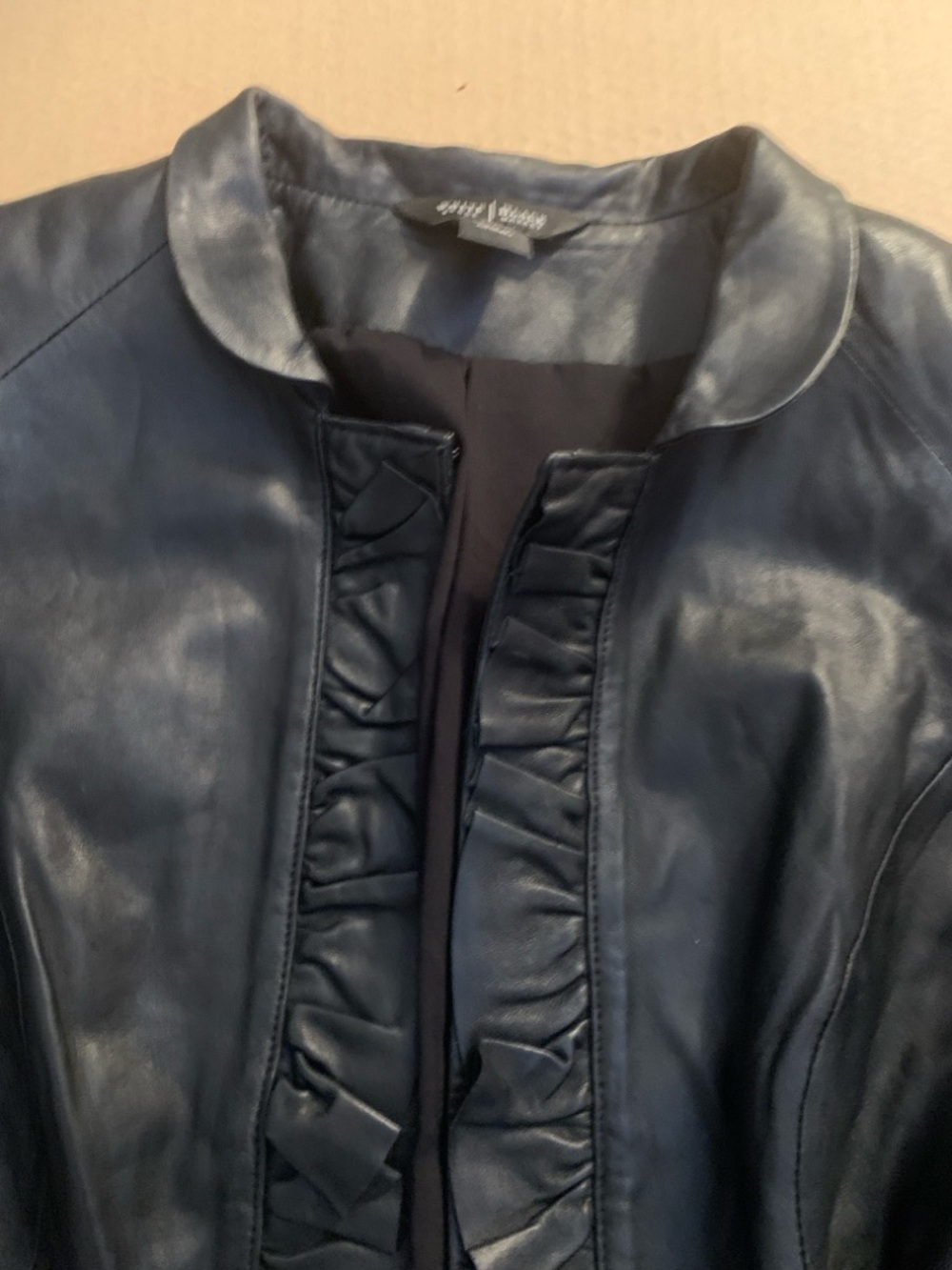White House Black Market Black Leather Ruffle-Front Jacket. - Picture 3 of 12